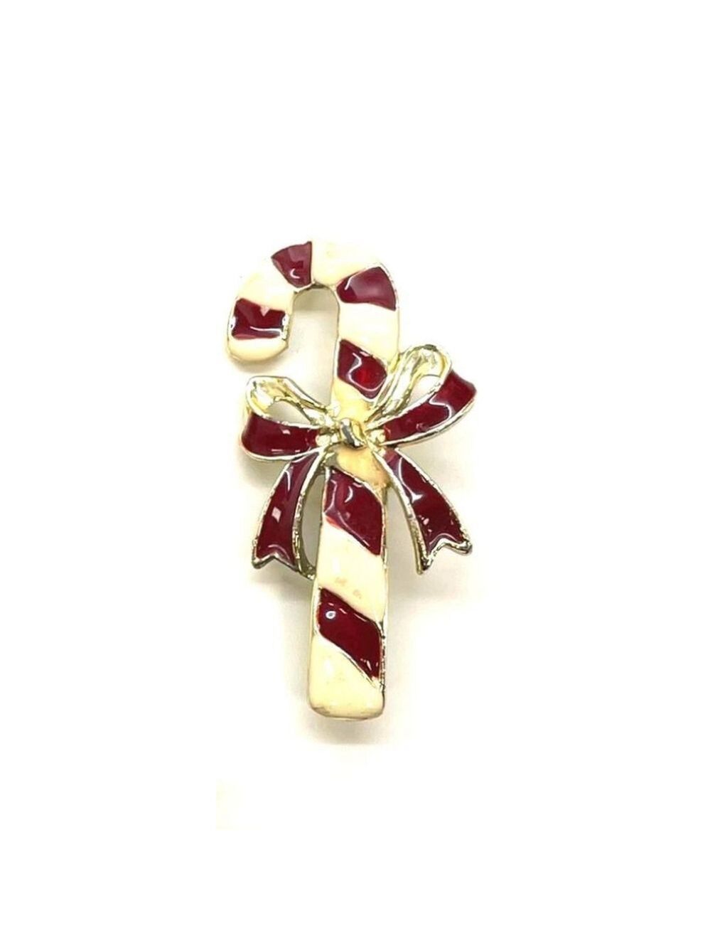 Candy Cane Christmas Brooch Pin Gold Tone Red White Enamel Holiday Jewelry 2191
